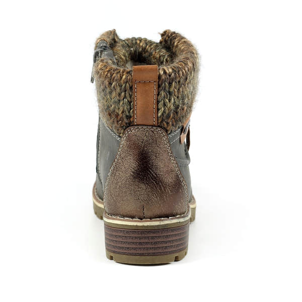 Lunar GLB123 Millie ladies grey waterproof ankle boots with zip, lace-up design, chunky heel, and faux fur collar.