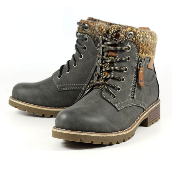 Lunar GLB123 Millie Ladies Grey Waterproof Lace & Zip Ankle Boots with knitted cuff and chunky heel.