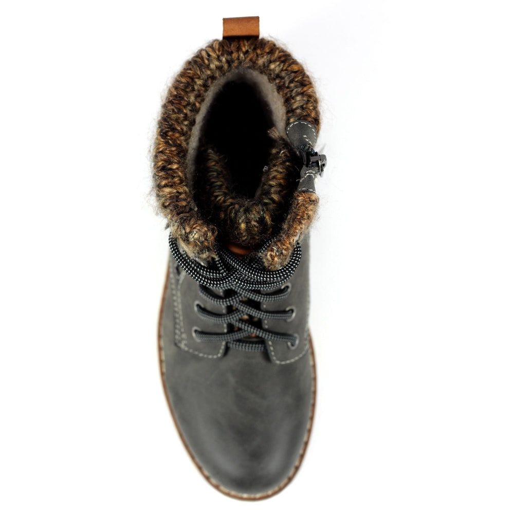 Lunar GLB123 Milie Ladies Grey Waterproof Zip & Lace Ankle Boots with fur-lined collar, durable design, and rugged sole.
