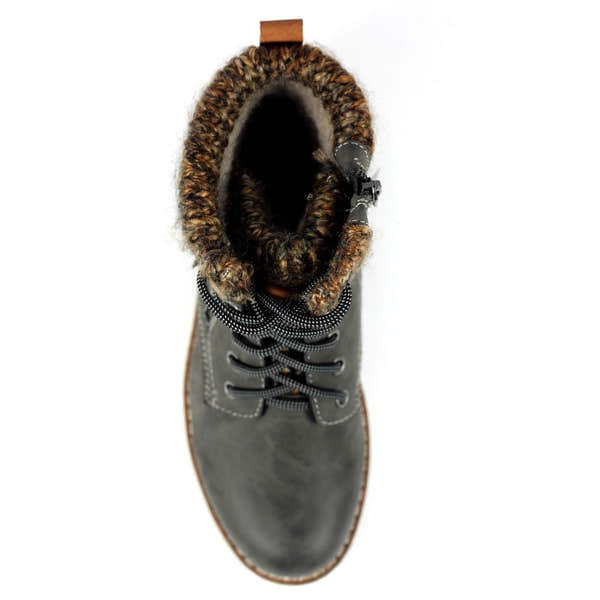 Lunar GLB123 Milie Ladies Grey Waterproof Zip & Lace Ankle Boots with fur-lined collar, durable design, and rugged sole.