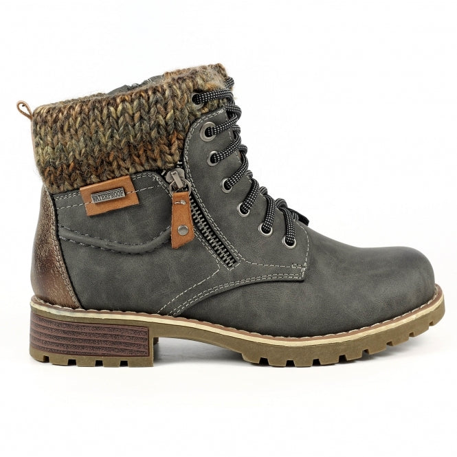 Lunar GLB123 Millie Ladies Grey Waterproof Zip & Lace Ankle Boots with knit collar and rugged sole.