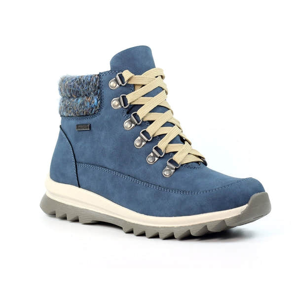 Lunar GLB132 Jett Mid Blue Ladies Waterproof Boot with beige laces, rugged sole, and wool collar detail.