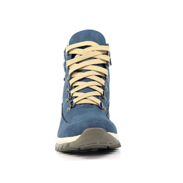 Lunar GLB132 Jett Mid Blue Ladies Waterproof Boot with beige laces and sturdy sole.