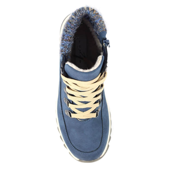Lunar GLB132 Jett Mid Blue Ladies Waterproof Boot with faux fur lining and beige laces, ideal for winter outdoor wear.