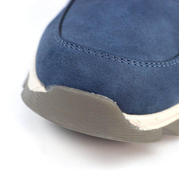 Lunar GLB132 Jett Mid Blue Ladies Waterproof Boot, close-up of blue leather upper with grey sole, stylish and waterproof footwear.
