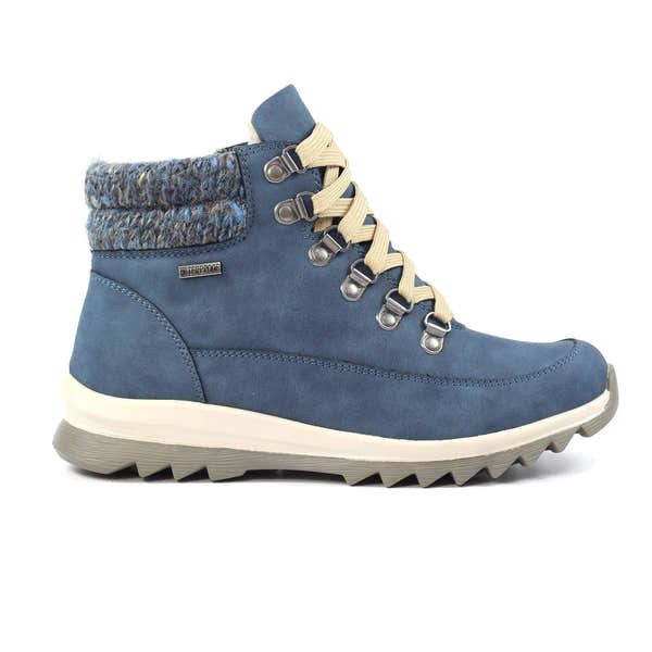 Lunar GLB132 Jett Mid Blue Ladies Waterproof Boot with knit collar, beige laces, and rugged sole for outdoor wear.