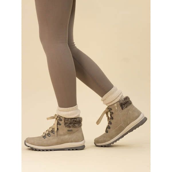 Lunar GLB132 Jett Stone women's waterproof boots with beige suede, knitted collar, rugged sole, and ankle support, ideal for winter wear.