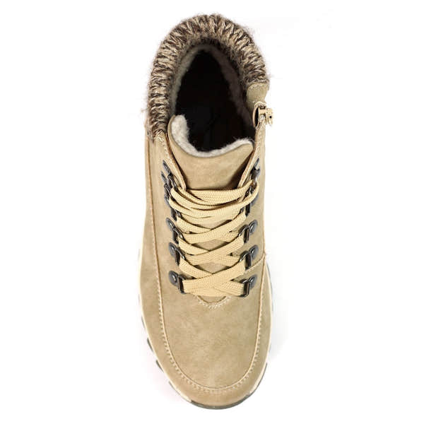 Lunar GLB132 Jett Stone waterproof women's boot with fur lining, beige color, lace-up design, and rugged sole.