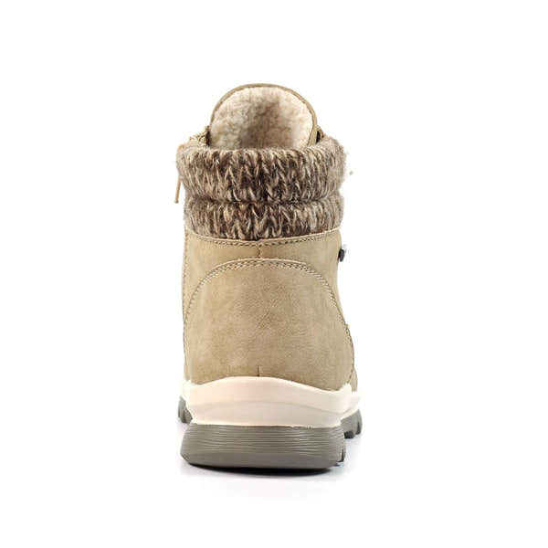 Lunar GLB132 Jett Stone women's waterproof boot with beige suede exterior, plush faux fur lining, and chunky sole.