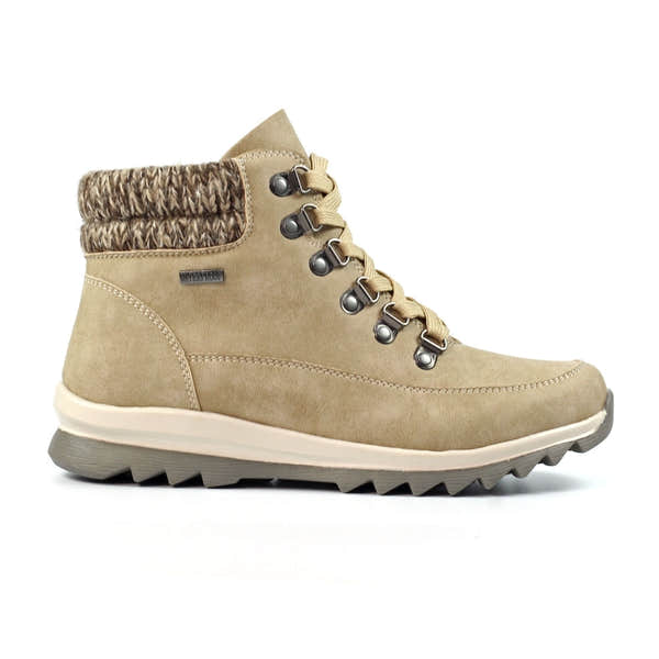 Lunar GLB132 Jett Stone waterproof ladies' ankle boot with knitted collar, beige suede upper, lace-up front, and rugged outsole.