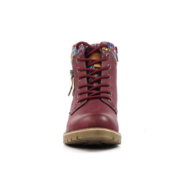 Lunar GLB204 Tabasco ladies burgundy waterproof ankle boots with lace-up front, zip, and colorful fabric collar.