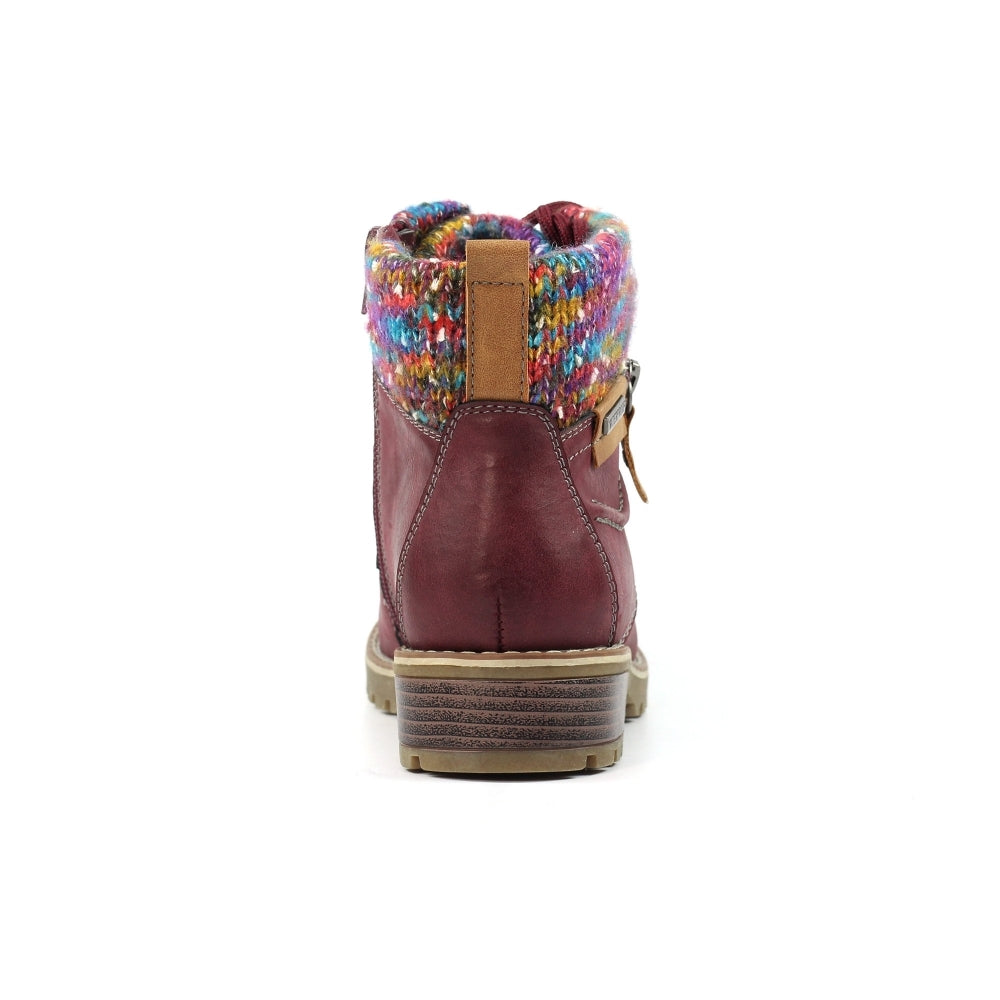 Lunar GLB204 Tabasco Ladies Burgundy Waterproof Zip & Lace Ankle Boots with colorful knit collar and chunky heel.