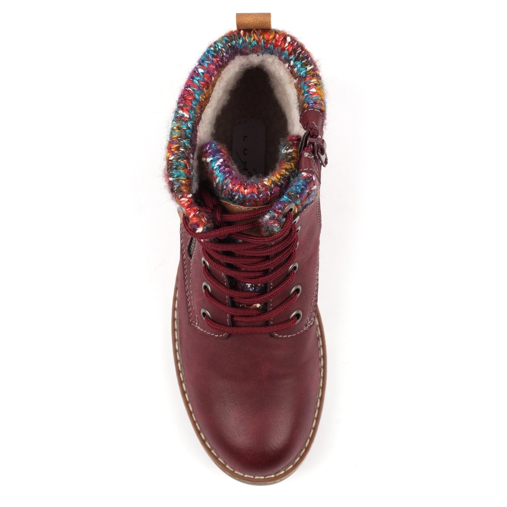Lunar GLB204 Tabasco Ladies Burgundy Waterproof Lace-Up Ankle Boots with colorful knit collar, zip closure, and faux fur lining.