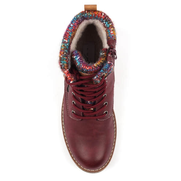 Lunar GLB204 Tabasco Ladies Burgundy Waterproof Lace-Up Ankle Boots with colorful knit collar, zip closure, and faux fur lining.