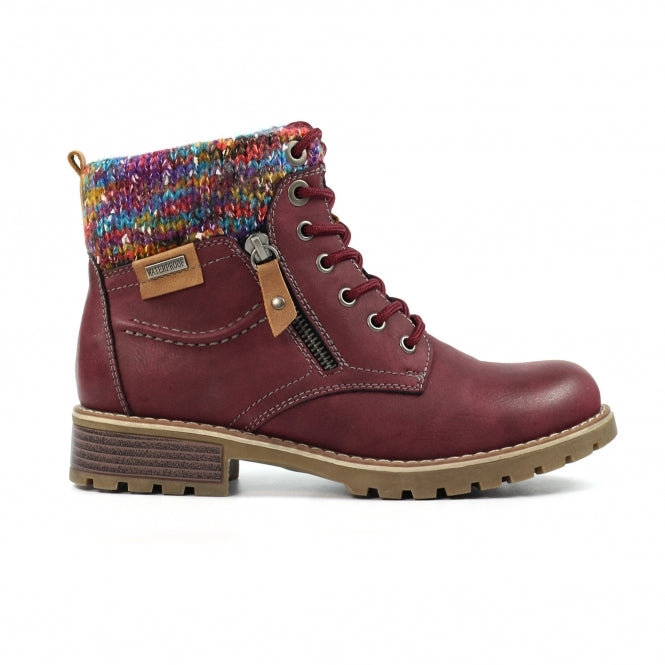 Lunar GLB204 Tabasco Ladies Burgundy Waterproof Zip & Lace Ankle Boots with colorful knit collar, side zipper, and chunky heel.