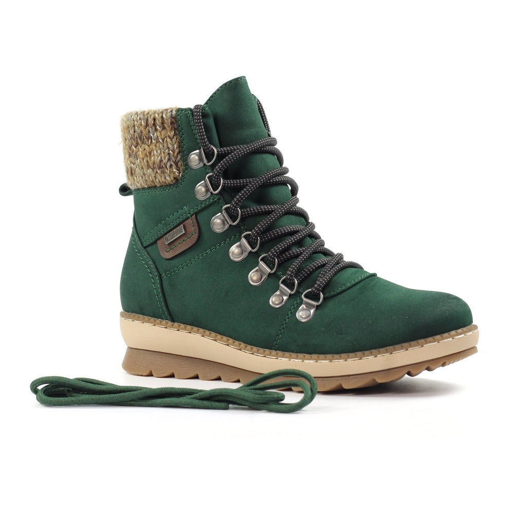 Lunar GLB205 Candy Ladies Green Waterproof Ankle Boots with lace-up design, zip closure, and woven ankle detail.