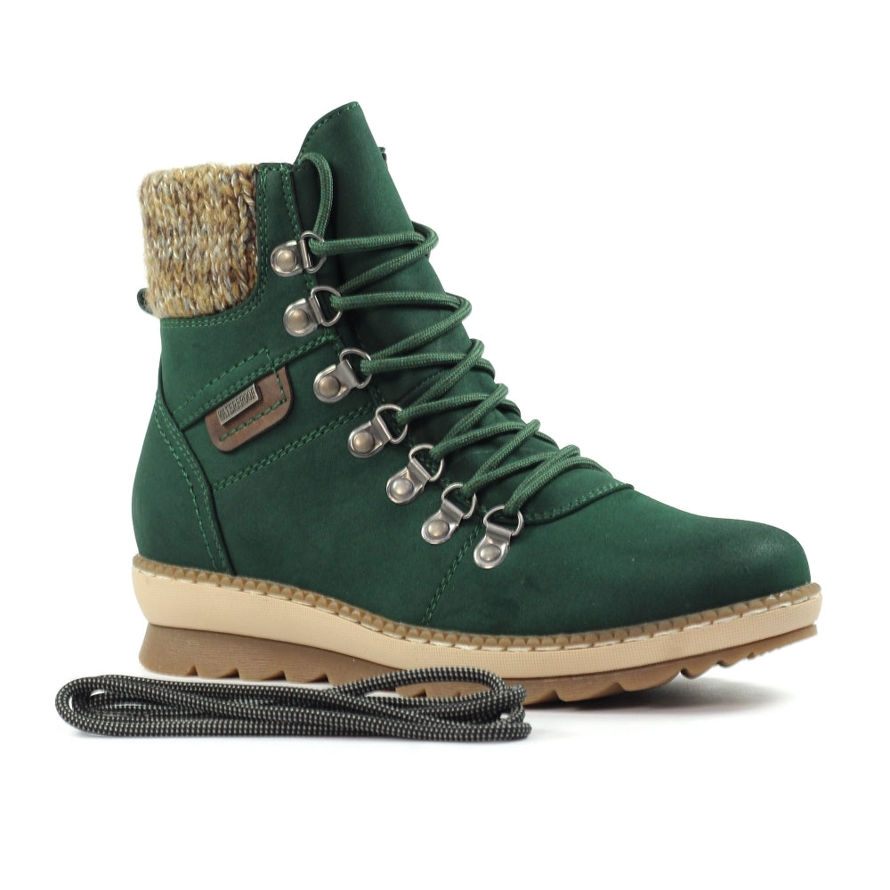 Lunar GLB205 Candy Ladies green waterproof lace-up ankle boots with zip, faux fur collar, and beige soles.