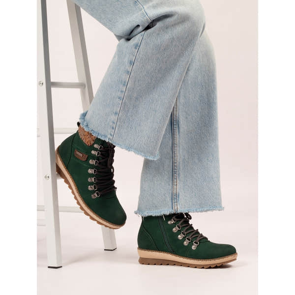Lunar GLB205 Candy Ladies green waterproof lace-up ankle boots with zip, chunky sole, and rugged design.