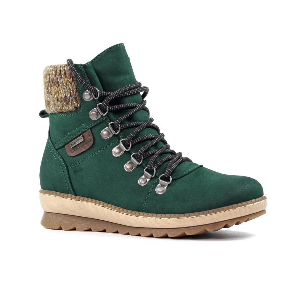 Lunar GLB205 Candy Ladies Green Waterproof Zip & Lace Ankle Boots with knitted collar and beige sole.