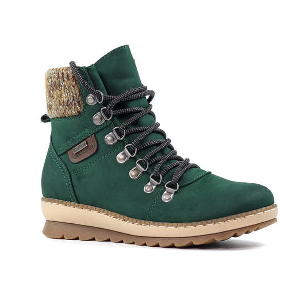 Lunar GLB205 Candy Ladies Green Waterproof Zip & Lace Ankle Boots with knitted collar and beige sole.