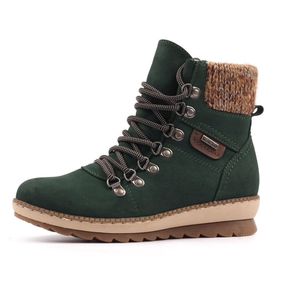 Lunar GLB205 Candy Ladies Green waterproof ankle boots with lace-up front, zip closure, and knitted collar, outdoor winter footwear.
