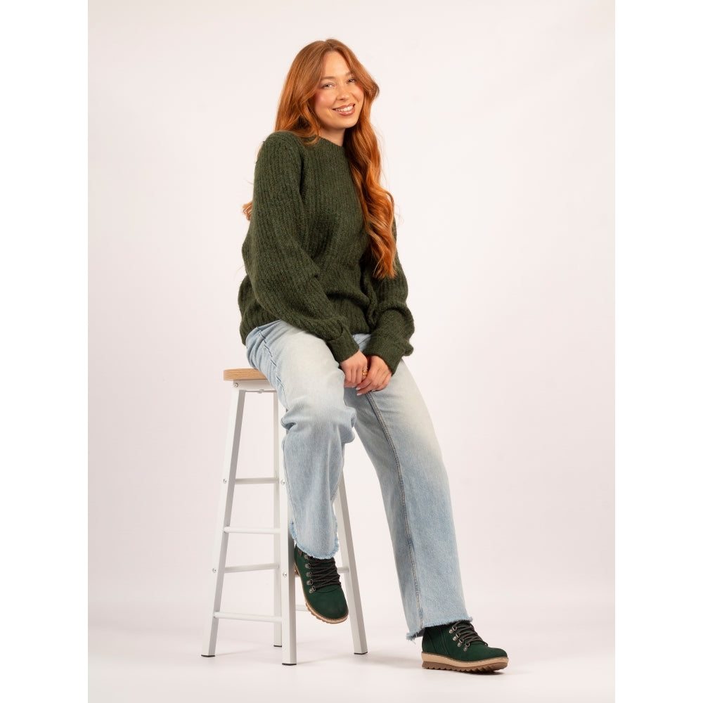 Lunar GLB205 Candy Ladies green waterproof lace-up ankle boots with zip closure, styled with casual outfit.