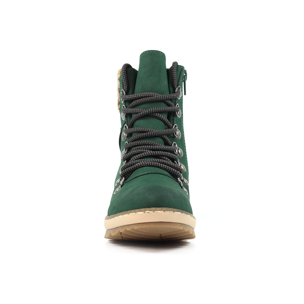 Lunar GLB205 Candy Ladies Green Waterproof Zip & Lace Ankle Boot with black laces and beige sole, front view.