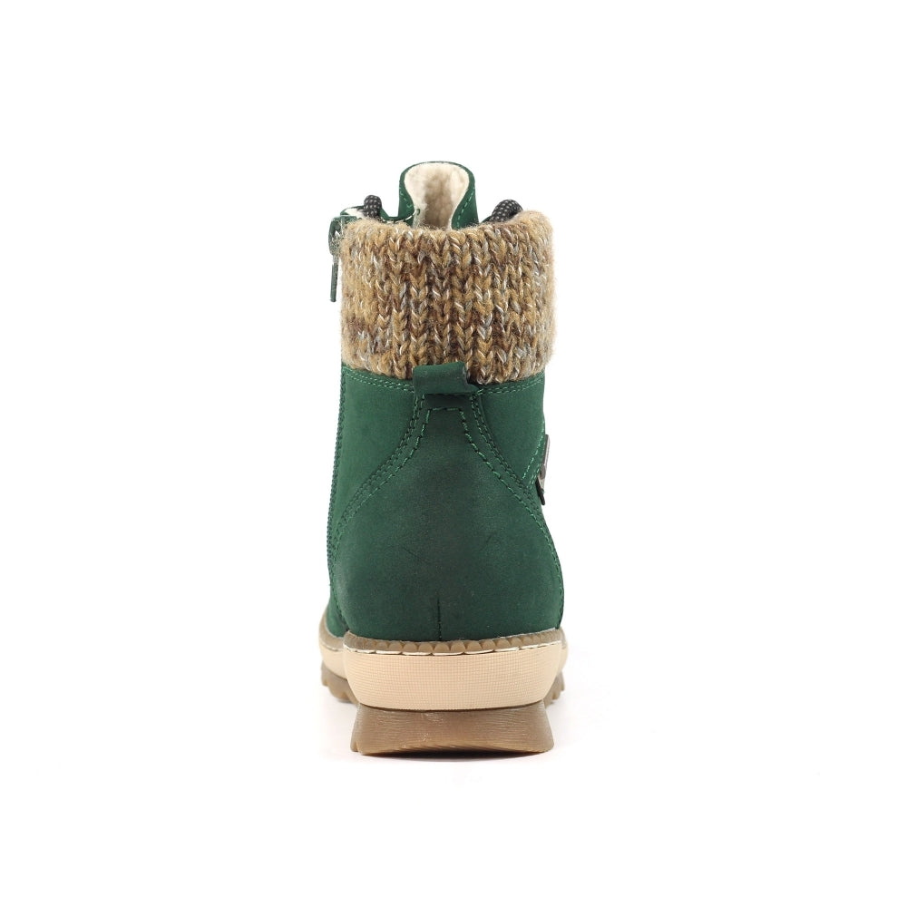 Lunar GLB205 Candy Ladies Green Waterproof Ankle Boots with zip, lace-up front, and plush knit collar for winter style and protection.