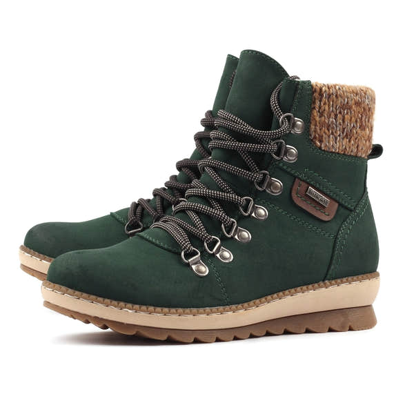 Lunar GLB205 Candy Ladies Green Waterproof Zip & Lace Ankle Boots with faux fur collar, rugged sole, and lace-up front.