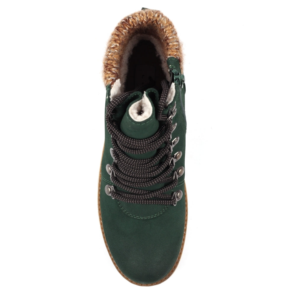 Lunar GLB205 Candy Ladies Green Waterproof Zip & Lace Ankle Boots with faux fur lining and durable sole.