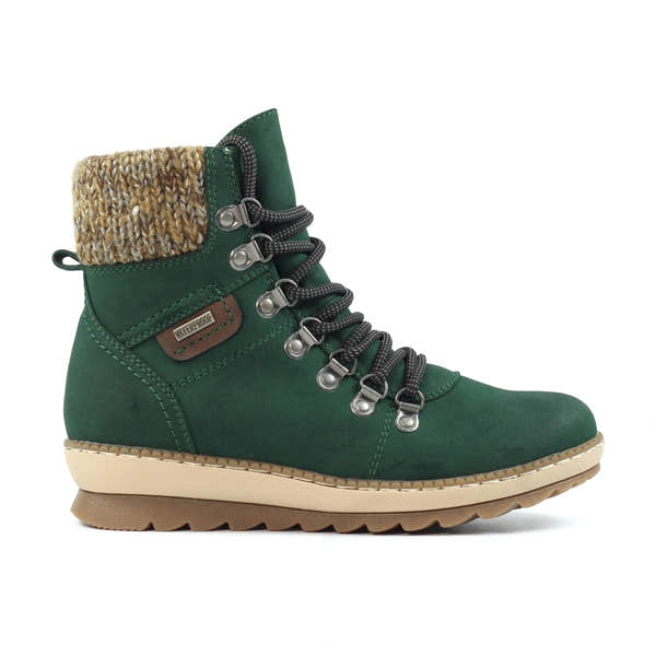 Lunar GLB205 Candy Ladies green waterproof ankle boots with lace-up front, zip closure, knitted collar, and rugged sole.