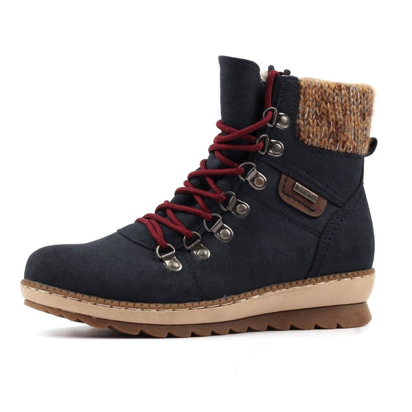 Lunar GLB205 Candy Ladies Navy waterproof ankle boots with lace-up closure, zip fastening, and knitted collar, designed for winter wear.