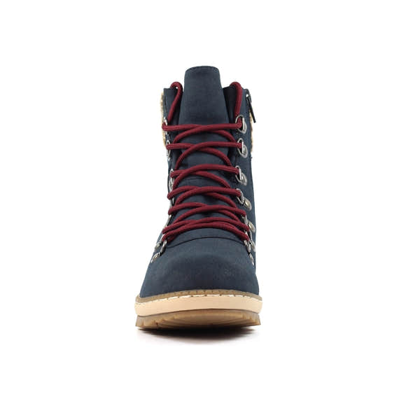 Lunar GLB205 Candy Ladies Navy waterproof lace-up ankle boots with zip, featuring red laces and beige sole.