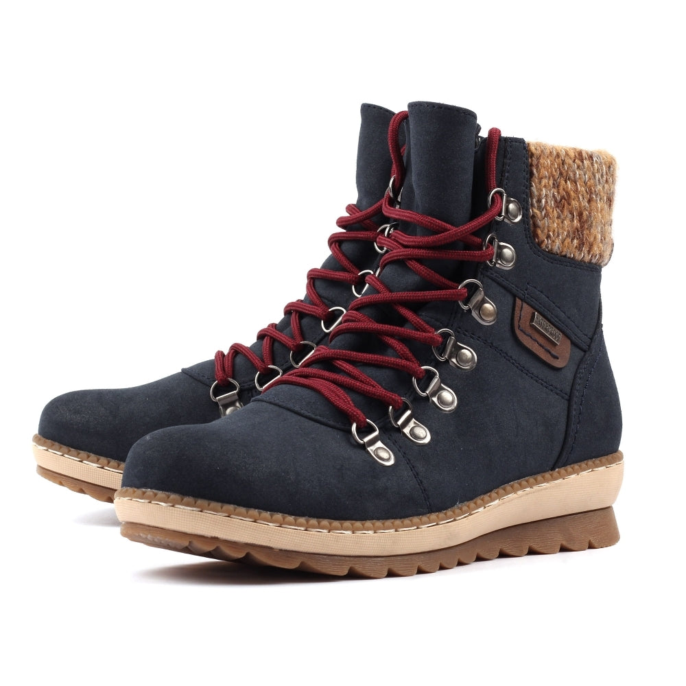 Lunar GLB205 Candy Ladies Navy waterproof lace-up ankle boots with zip, lace detail, and insulated knit ankle collar.