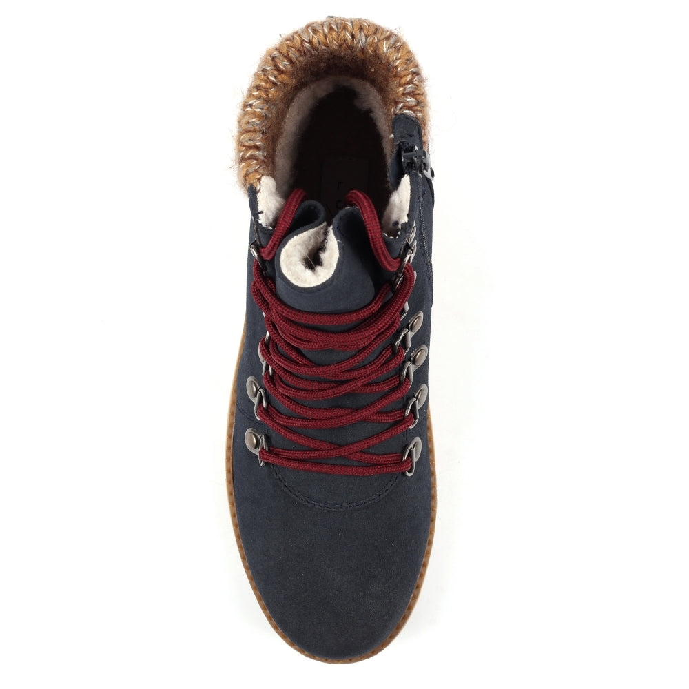 Lunar GLB205 Candy Ladies navy waterproof ankle boots with lace-up design, zip closure, and faux fur lining.