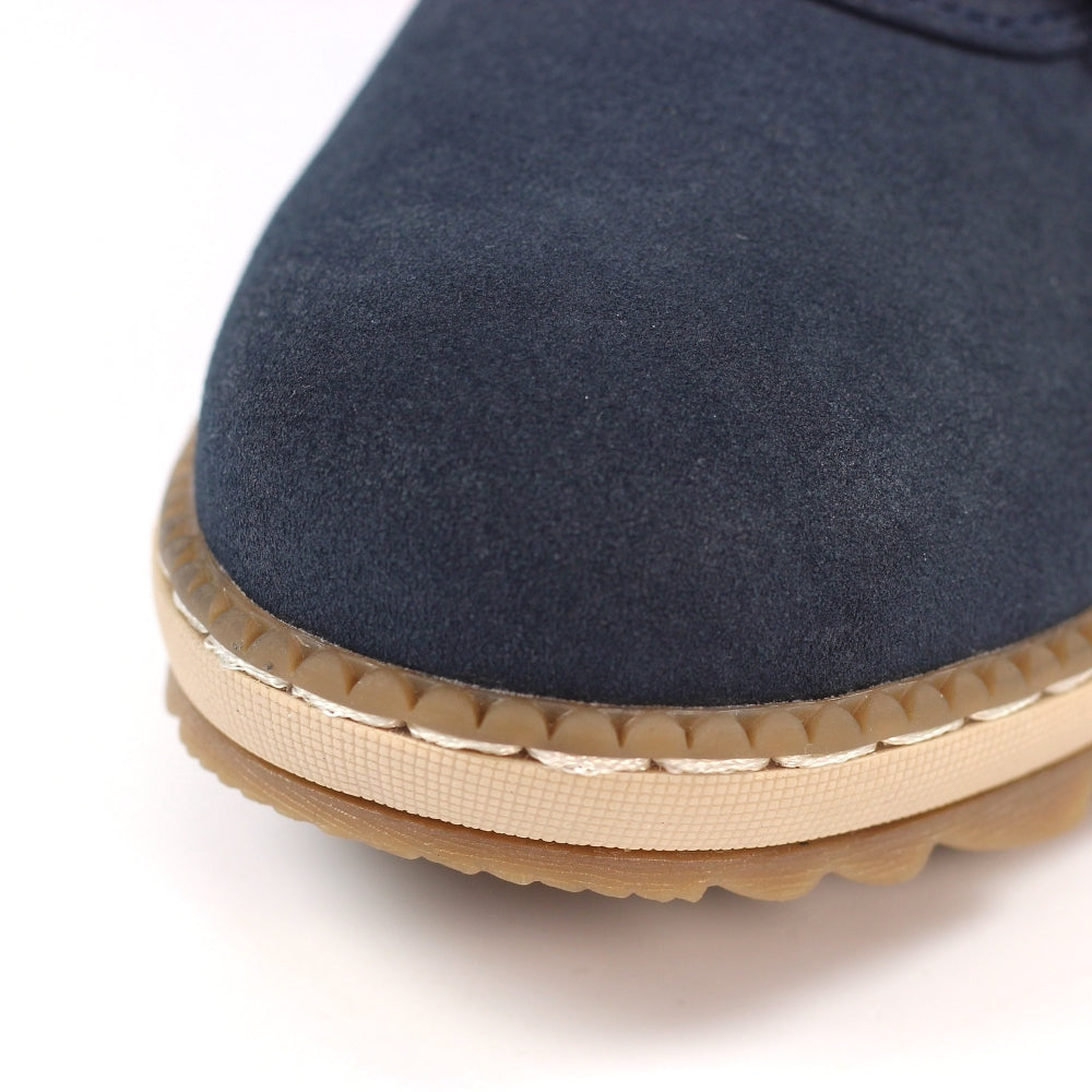 Lunar GLB205 Candy Ladies Navy Waterproof Zip & Lace Ankle Boots, close-up of navy suede upper with beige sole, waterproof, stylish design.