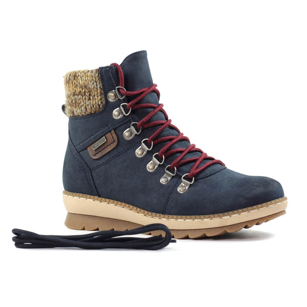 Lunar GLB205 Candy Ladies Navy waterproof ankle boots with lace and zip closure, featuring a knitted collar and beige sole.