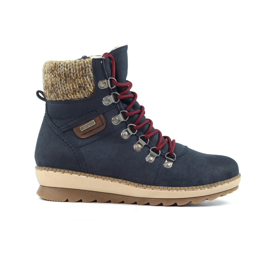 Lunar GLB205 Candy Ladies Navy waterproof ankle boots with lace and zip, knit collar, suede material, and rugged sole.