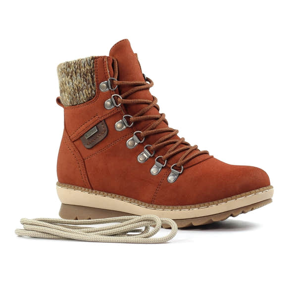Lunar GLB205 Candy Ladies terracotta waterproof ankle boots with lace-up, zip closure, and knitted collar, on white background.