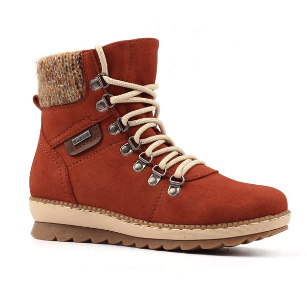 Lunar GLB205 Candy Ladies terracotta waterproof ankle boots with lace-up front, zip, and knitted collar, waterproof and stylish.