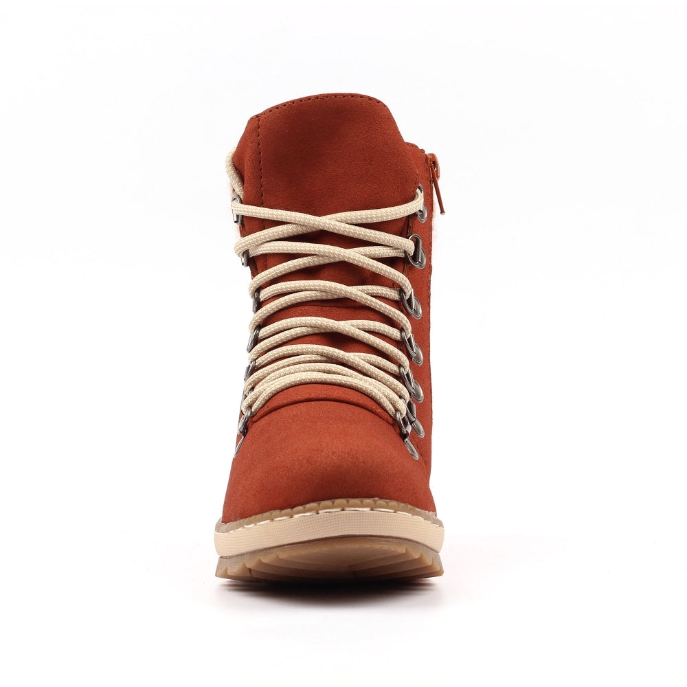 Lunar GLB205 Candy Ladies terracotta waterproof ankle boots with lace and zip closure, beige laces, sturdy sole, stylish and functional footwear.