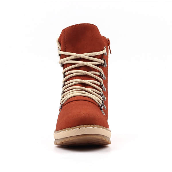 Lunar GLB205 Candy Ladies terracotta waterproof ankle boots with lace and zip closure, beige laces, sturdy sole, stylish and functional footwear.