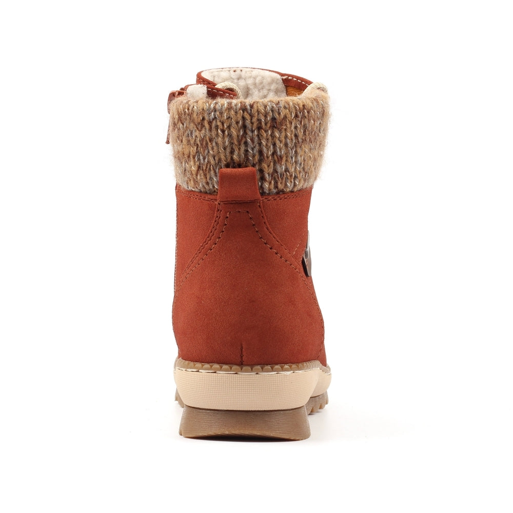 Lunar GLB205 Candy Ladies terracotta waterproof ankle boots with zip, lace-up, knitted cuff, and rugged sole.