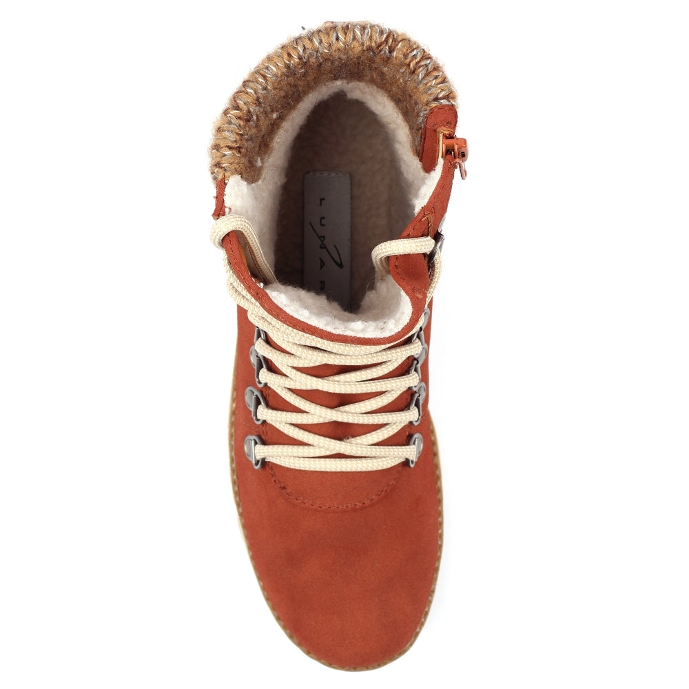 Lunar GLB205 Candy Ladies Terracotta waterproof ankle boots with lace-up, zip closure, and faux fur lining.