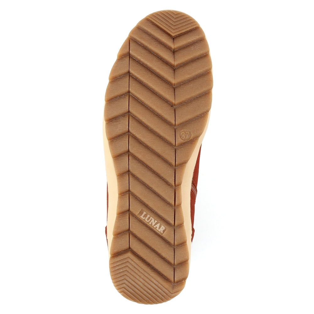 Lunar GLB205 Candy Ladies terracotta waterproof zip and lace ankle boots with chunky sole and rugged tread pattern.