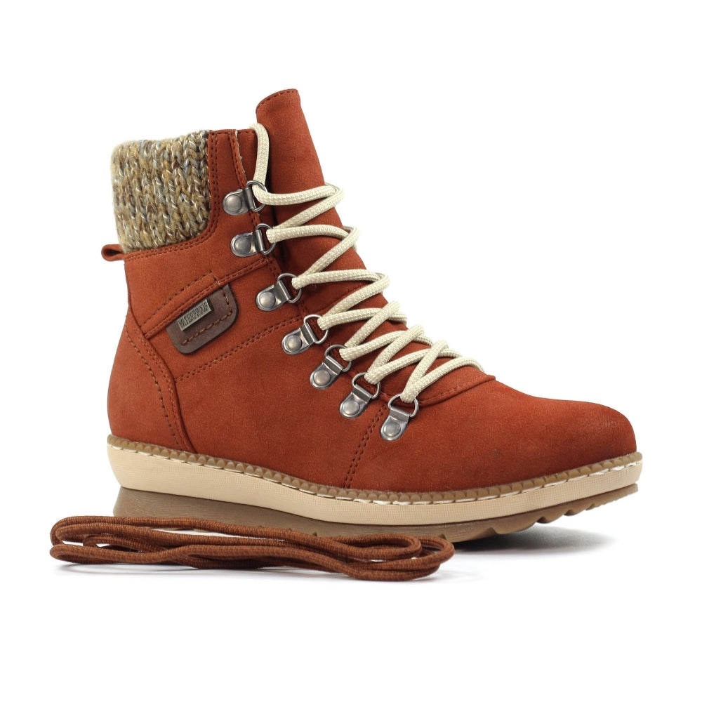 Lunar GLB205 Candy Ladies terracotta waterproof ankle boots with lace-up front, zip closure, and knitted collar.