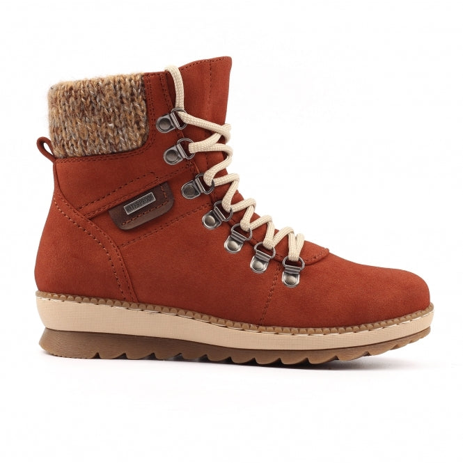 Lunar GLB205 Candy Ladies terracotta waterproof ankle boots with lace-up front, zip closure, and cozy knitted cuff.
