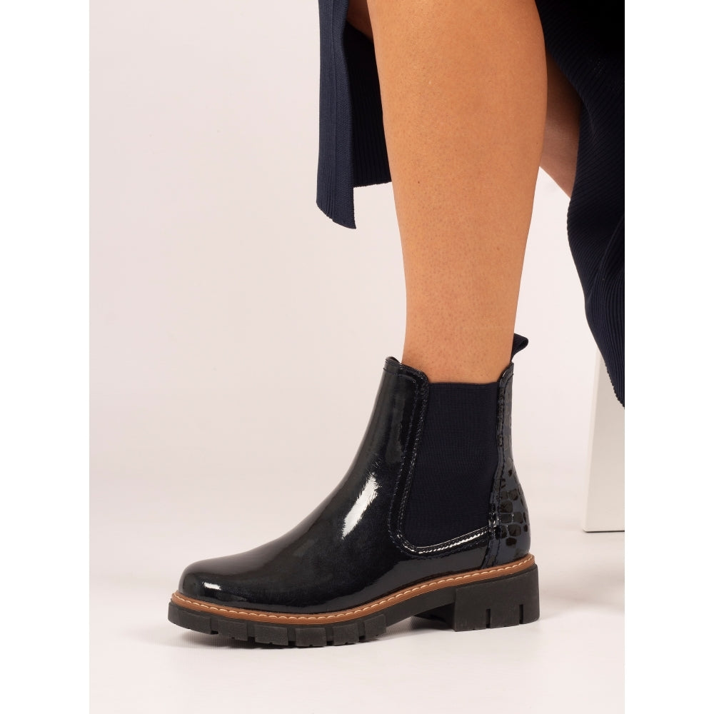 Lunar GLB222 Peace Ladies Navy Pull-On Ankle Boots with glossy finish and chunky heel.
