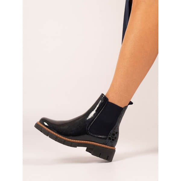 Lunar GLB222 Peace Ladies Navy Pull-On Ankle Boots with glossy finish and chunky sole.