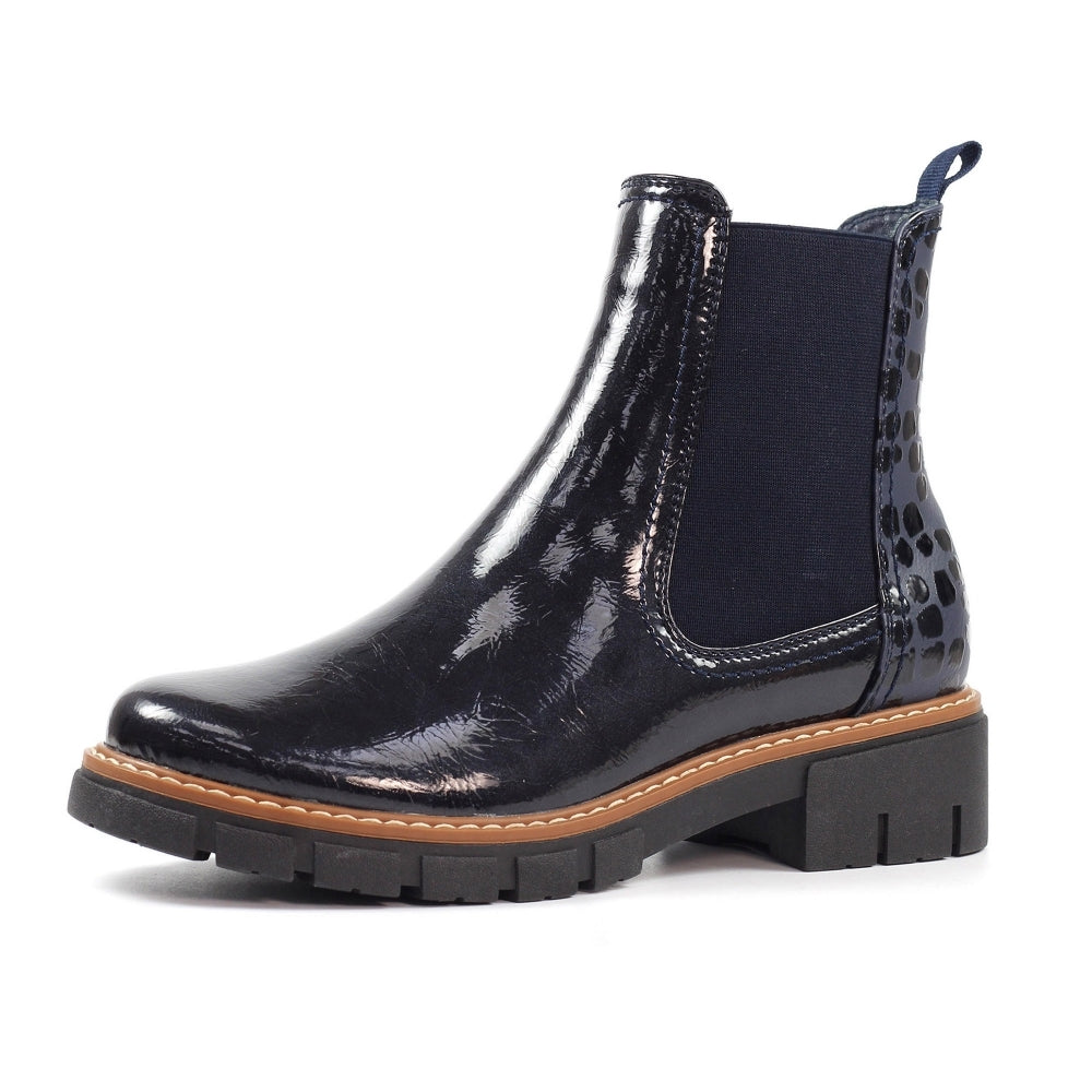 Lunar GLB222 Peace Ladies Navy Pull-On Ankle Boots with patent finish, elastic side panels, and chunky black sole.
